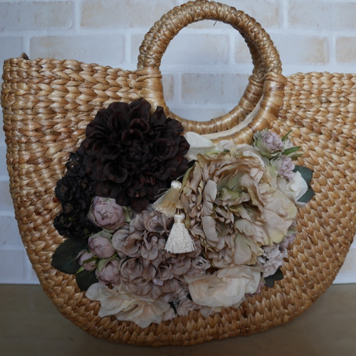 美品！かごバッグ　立体的な花　かごバッグ　花 org.jpg