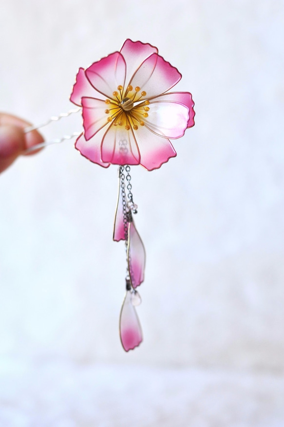 かんざし「コスモス・秋桜　ピンク」 髪飾り 4枚目の画像