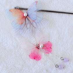 かんざし「蝶」（水色xオレンジ）　髪飾り 2枚目の画像