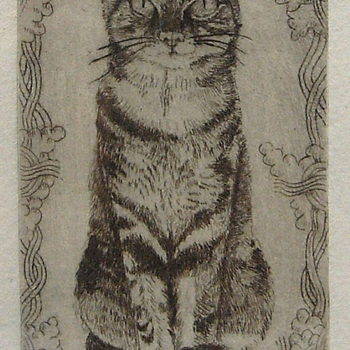 デンマーク製アンティーク額縁 自作銅版画「猫」 壁掛・立て掛け