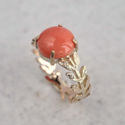 Pink coral Olive leaf ring {OP711K10} 第1張的照片