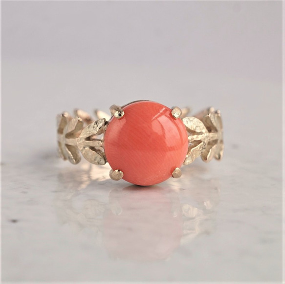 Pink coral Olive leaf ring {OP711K10} 第2張的照片