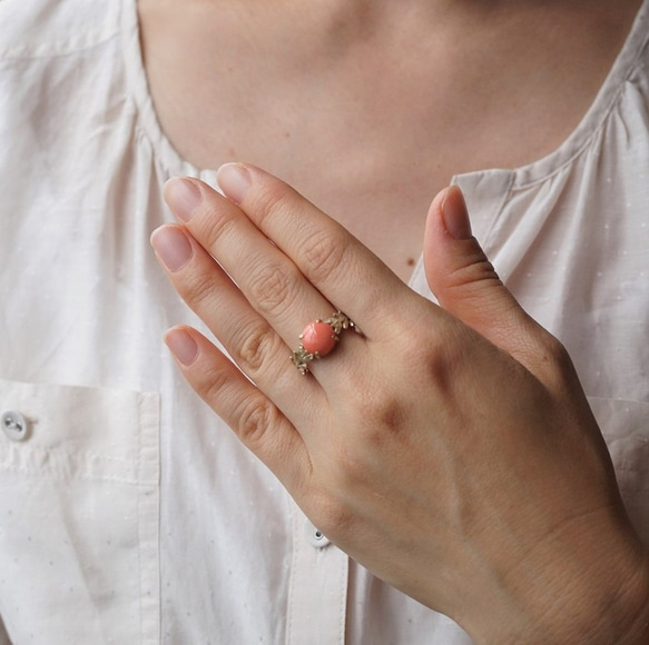 Pink coral Olive leaf ring {OP711K10} 第5張的照片