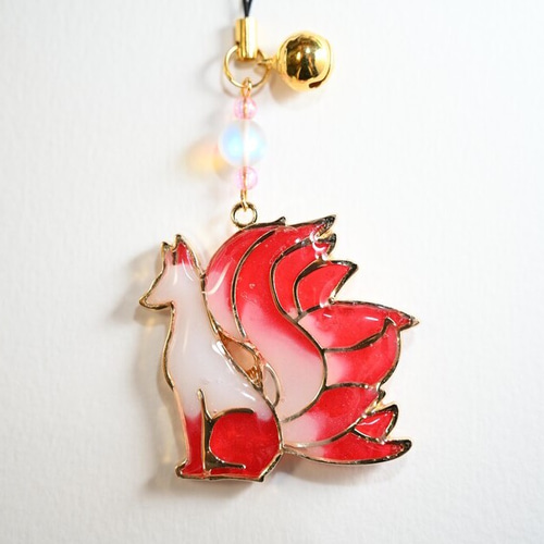 九尾狐 牡丹(白×赤)】 レジンストラップ バッグチャーム 小夜