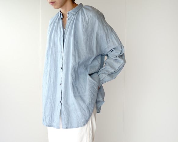 canvas washer French linen/gather blouse/size2/light blue 1枚目の画像
