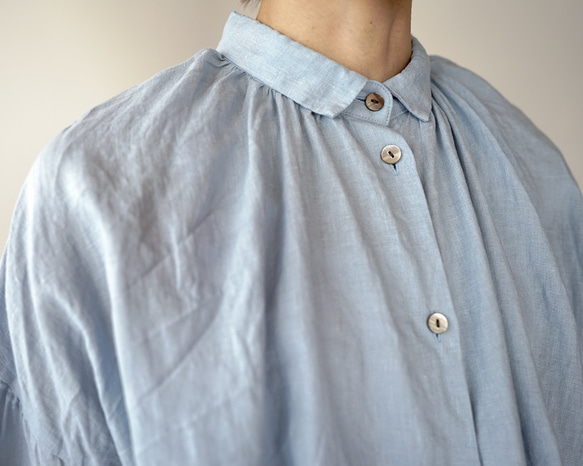 canvas washer French linen/gather blouse/size2/light blue 3枚目の画像