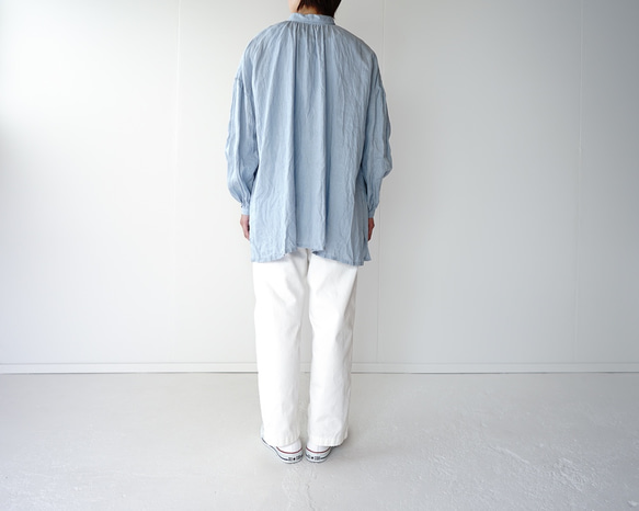 canvas washer French linen/gather blouse/size2/light blue 5枚目の画像