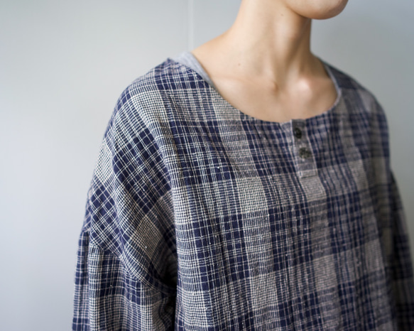 cotton linen check/pullover shirt/navy 1枚目の画像