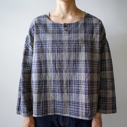 cotton linen check/pullover shirt/navy 5枚目の画像