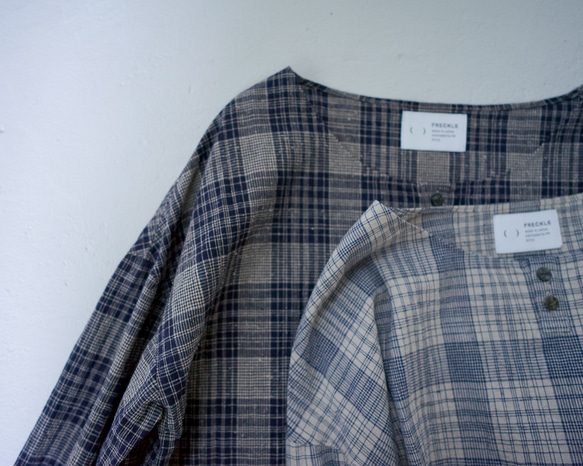 cotton linen check/pullover shirt/navy 7枚目の画像