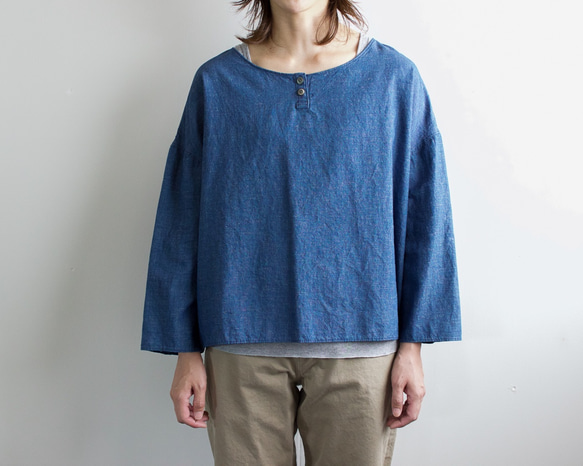 indigo cotton linen/pullover shirt 1枚目の画像