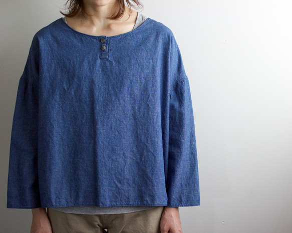 indigo cotton linen/pullover shirt 4枚目の画像