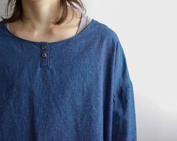 indigo cotton linen/pullover shirt 6枚目の画像