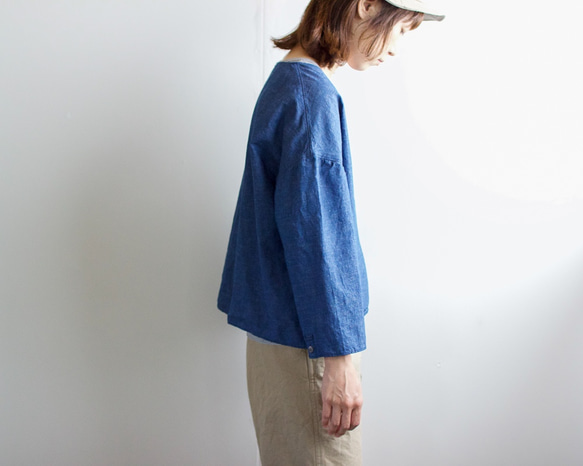 indigo cotton linen/pullover shirt 8枚目の画像