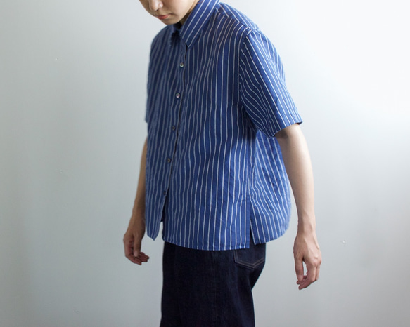 original cotton linen/ short sleeve shirt/blue 1枚目の画像