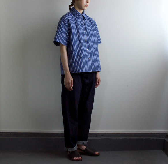 original cotton linen/ short sleeve shirt/blue 3枚目の画像