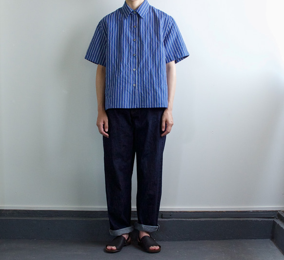 original cotton linen/ short sleeve shirt/blue 5枚目の画像