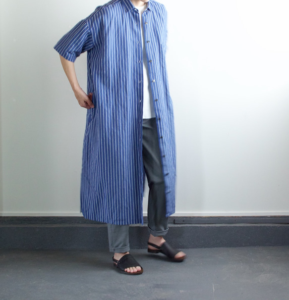 original cotton linen stripe/ one piece/blue 7枚目の画像