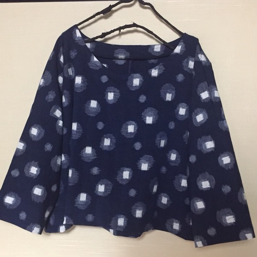 リメイク　久留米絣袖　ベルスリーブ　リボン紐　刺繍　コットンカットソー 久留米絣 カットソー リメイク 久留米絣袖 ベルスリーブ リボン