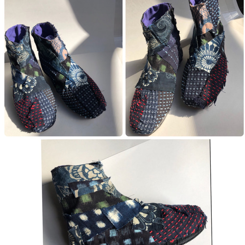 刺し子と雪ん子絣と藍型染の地下足袋リメイク23cm ブーツ secca 刺し子と雪ん子絣と藍型染の地下足袋リメイク23cm ブーツ secca