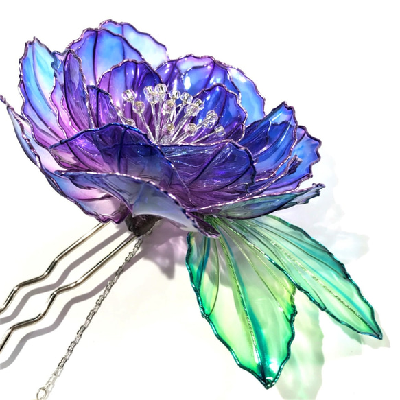 牡丹の葉付かんざし・青紫 5枚目の画像