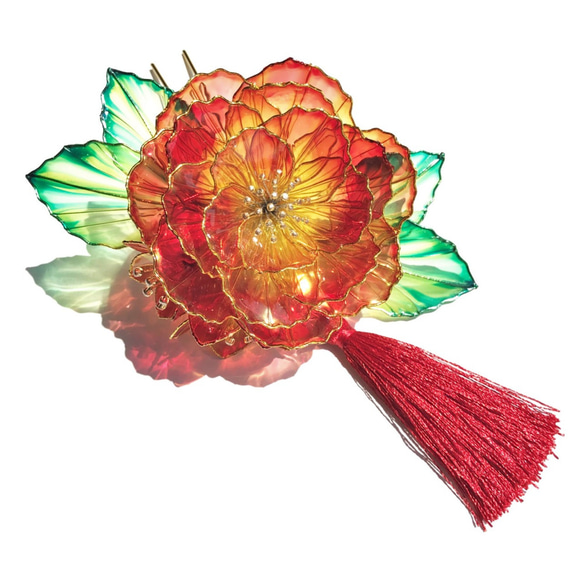 丸牡丹と２輪の花かんざし【イエロー・赤グラデ】 3枚目の画像