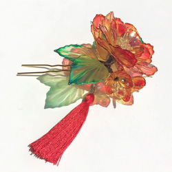 丸牡丹と２輪の花かんざし【イエロー・赤グラデ】 4枚目の画像