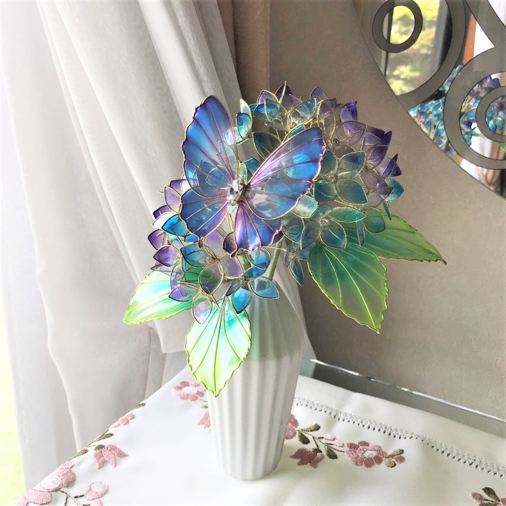 蝶が舞う紫陽花2本セット【青と紫・インテリア】 アート