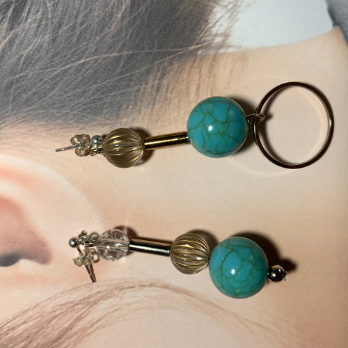ターコイズ クリア アシンメトリー ハンドメイド ピアス ピアス
