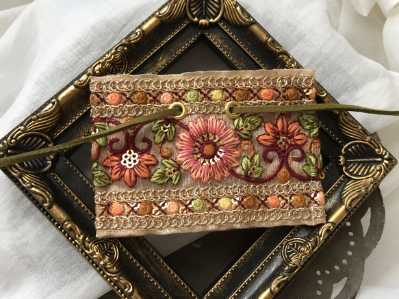 インド刺繍 リボン ポニーフック ラップリボン リボンラップ 花柄×カーキ 2枚目の画像