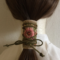 インド刺繍 リボン ポニーフック ラップリボン リボンラップ 花柄×カーキ 4枚目の画像