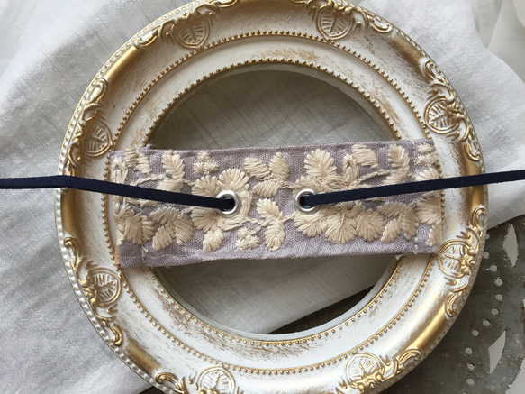 【再販】インド刺繍 リボン ポニーフック ラップリボン リボンラップ 薄紫×紺色 2枚目の画像