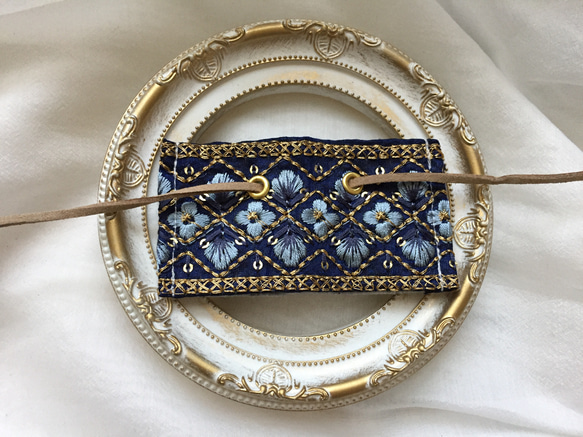 【再販】インド刺繍 リボン ポニーフック ラップリボン リボンラップ ブルー 2枚目の画像