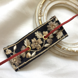 【再販】インド刺繍 リボン ポニーフック ラップリボン リボンラップ ブラック×レッド 1枚目の画像