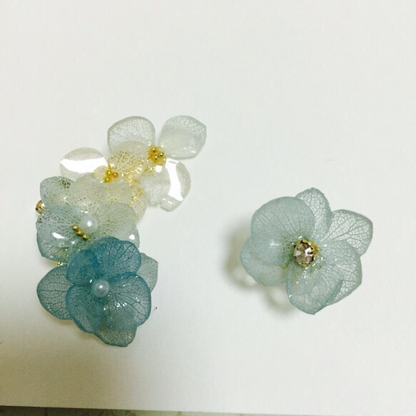 [再次上架]安娜貝勒繡球Iyakafu並設置的2個白色×淺藍耳環或耳環 第2張的照片