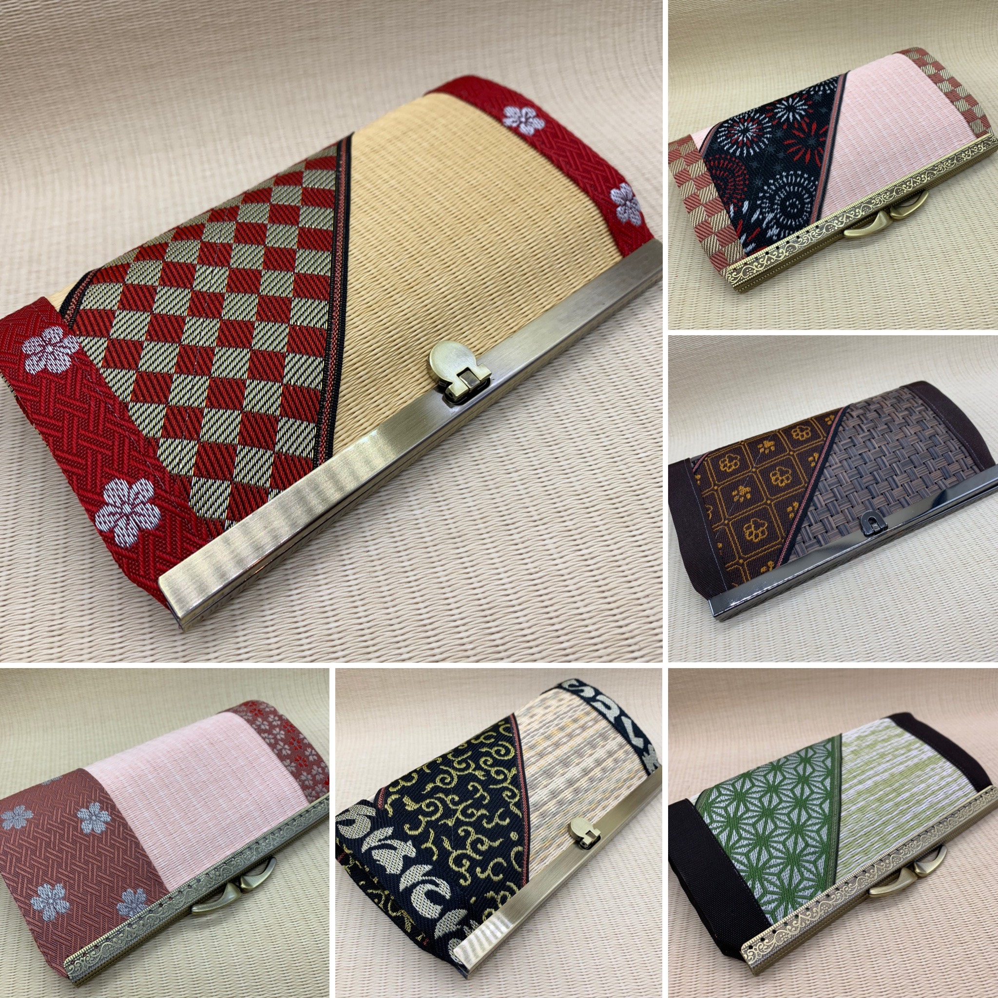 艶やかな黒髪に麻の葉の着物をまとう…麻の葉＆赤市松 和風 畳がま口長財布 財布