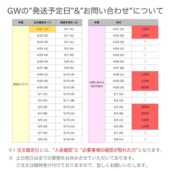 GWのご案内 (配送スケジュール/お休みについて) 2枚目の画像