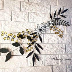 『Wall Flower』〈ミモザ〉ディップアート ウォールデコ 壁掛け ワイヤーアート ワイヤークラフト 花 白 1枚目の画像