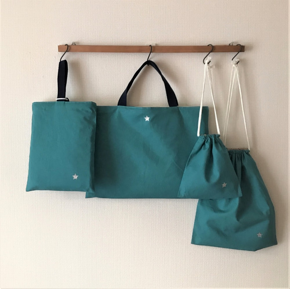 入園入学セット 綿麻ターコイズグリーン レッスンバッグ、上履入れ