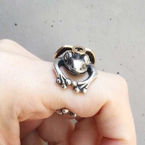 和銀　蛙の天使　リング　シルバー　ゴールド　カエル　指輪　天使の輪　羽根 蛙の天使リング シルバーアクセサリー×K18(ピンクゴールド)-送料無料