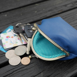 100％手作りの柔らかいイタリアのナパ革財布の口の金（ブロンズ口ゴールドのレザーネイビーブルー+グリーン+ Shuiyu少し） 3枚目の画像
