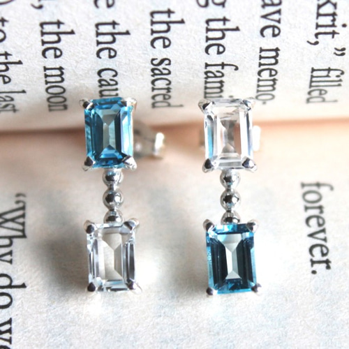 涼しげ クリア ブルー 3種の天然石 チェーン ピアス ロンドンブルー