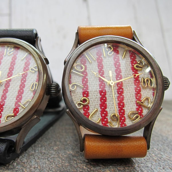條紋校園織物錶盤M尺寸紅色/藍色手工製作手錶watch木皮革 第4張的照片