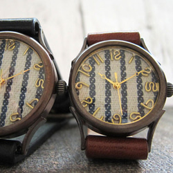 條紋校園織物錶盤M尺寸紅色/藍色手工製作手錶watch木皮革 第5張的照片