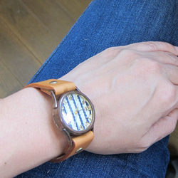 條紋校園織物錶盤M尺寸紅色/藍色手工製作手錶watch木皮革 第6張的照片