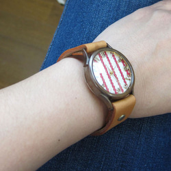 條紋校園織物錶盤M尺寸紅色/藍色手工製作手錶watch木皮革 第7張的照片