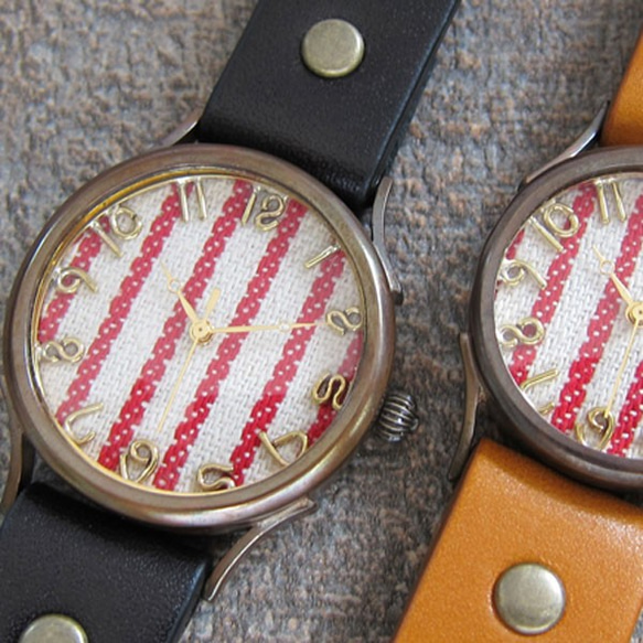 條紋校園織物錶盤L尺寸藍/紅手工製作手錶To木皮革 第5張的照片