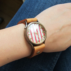 條紋校園織物錶盤L尺寸藍/紅手工製作手錶To木皮革 第7張的照片