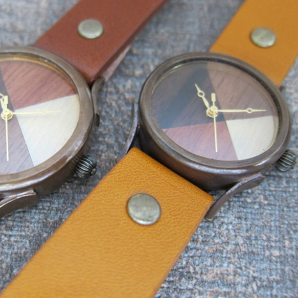 錶盤由4種木材WB-077 M尺寸手工製手錶watch木皮革製成 第3張的照片