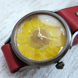 黃色英語雛菊錶盤手工手錶日本製造To木皮革 第2張的照片